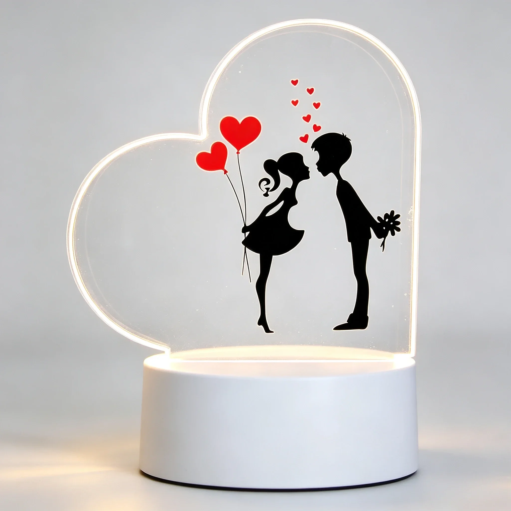Led Balloon Light - ハート型アクリル3Dナイトライト キスをするカップルとハート型バルーン＆フラワー USBロマンチックランプ