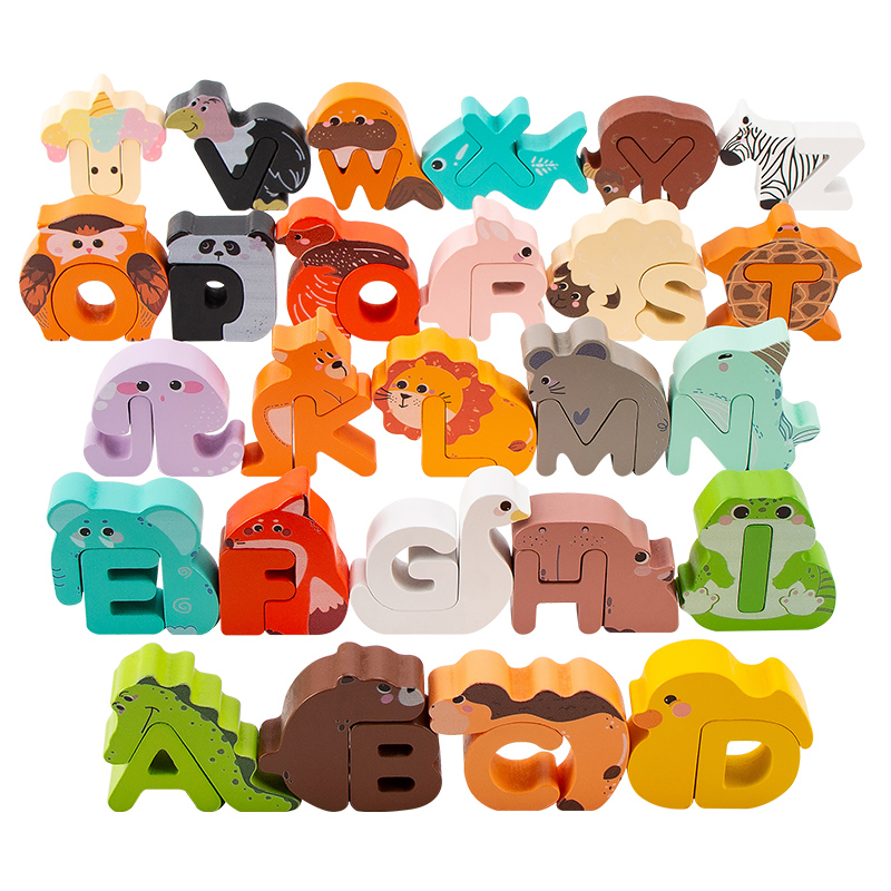 Event Z - 26個の木製動物アルファベットブロック、A-Z文字積み重ねビルディングトイセット、子供向け教育学習ゲーム、誕生日クリスマスプレゼント