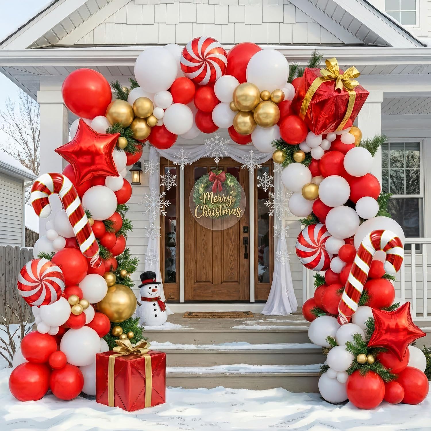 Balloon Arch Kit - 139個入りクリスマスバルーンアーチキット、キャンディクリスマスバルーンガーランドには、赤、白、金色のバルーンとキャンディケインバルーンが含まれており、誕生日、結婚式、婚約、ベビーシャワー、クリスマスパーティーの装飾に最適です。