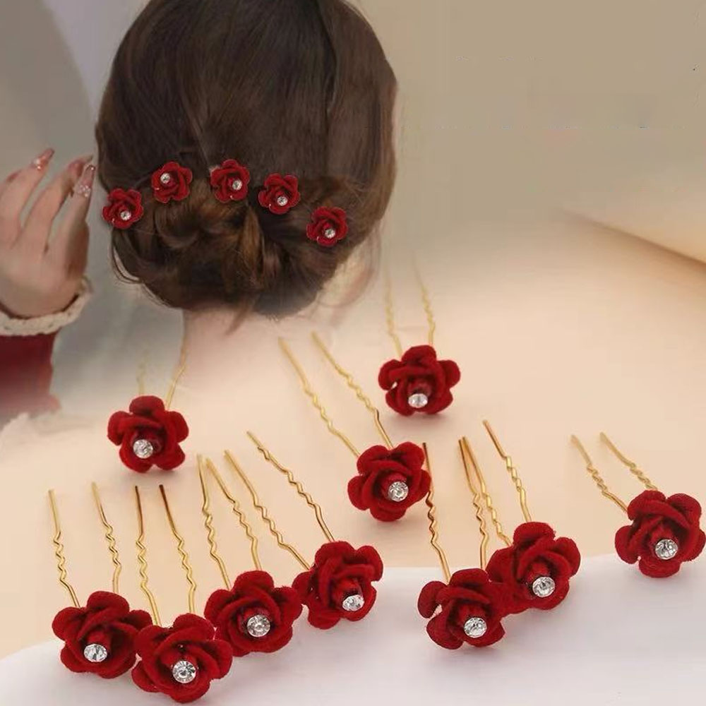 Event Suppliers - 10 個ローズヘアアクセサリー結婚式の花嫁のヘアピン花のヘアクリップレッドベルベットクリップ女性のためのエレガントなピンダイヤモンドバレッタ
