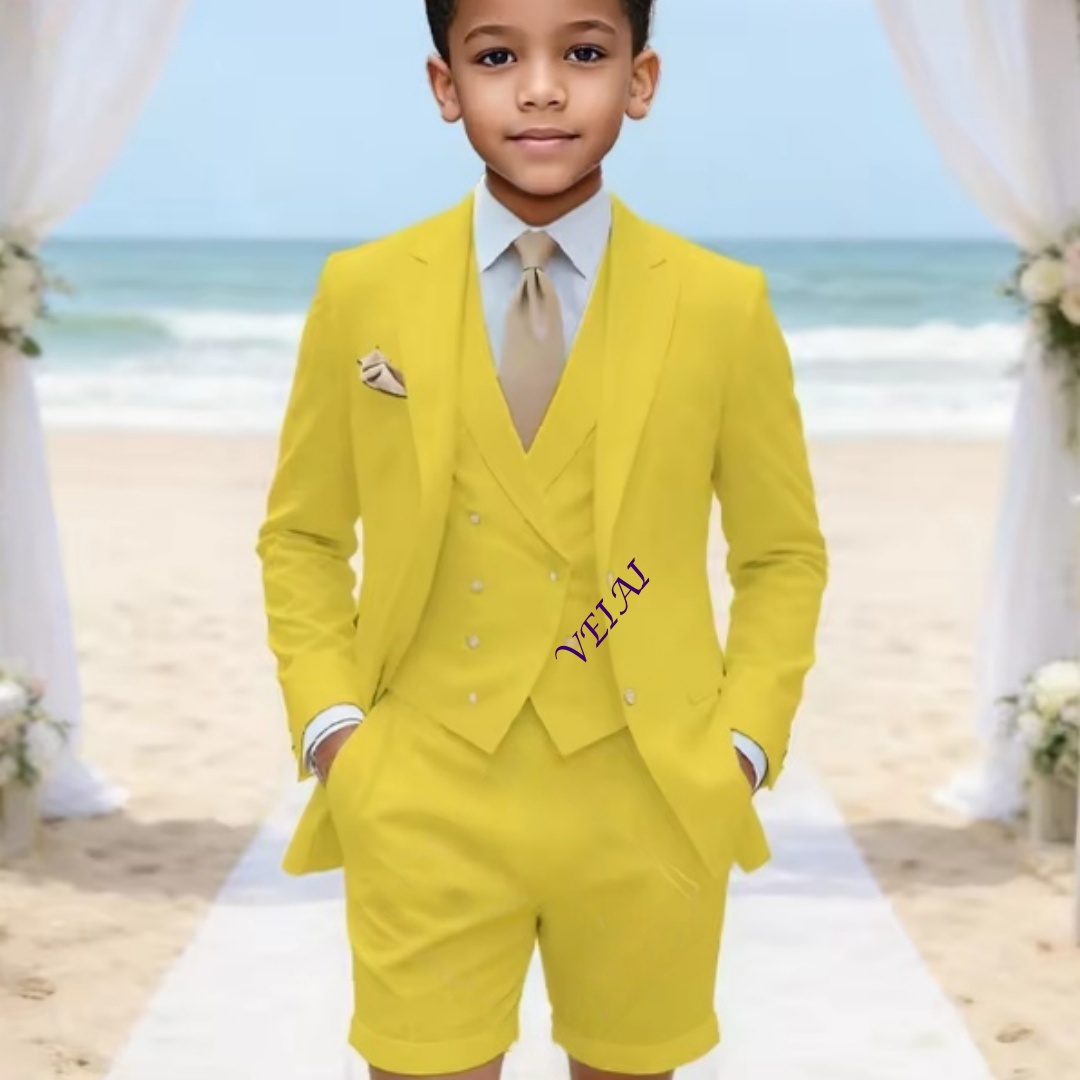 Event & Party Supply Photos - 男の子用、カスタムメイドのクラシックな3ピースリネンスーツ。結婚式、旅行、そして夏のあらゆるイベントに最適な、着回ししやすいブレザー、ベスト、ショートパンツのセット。