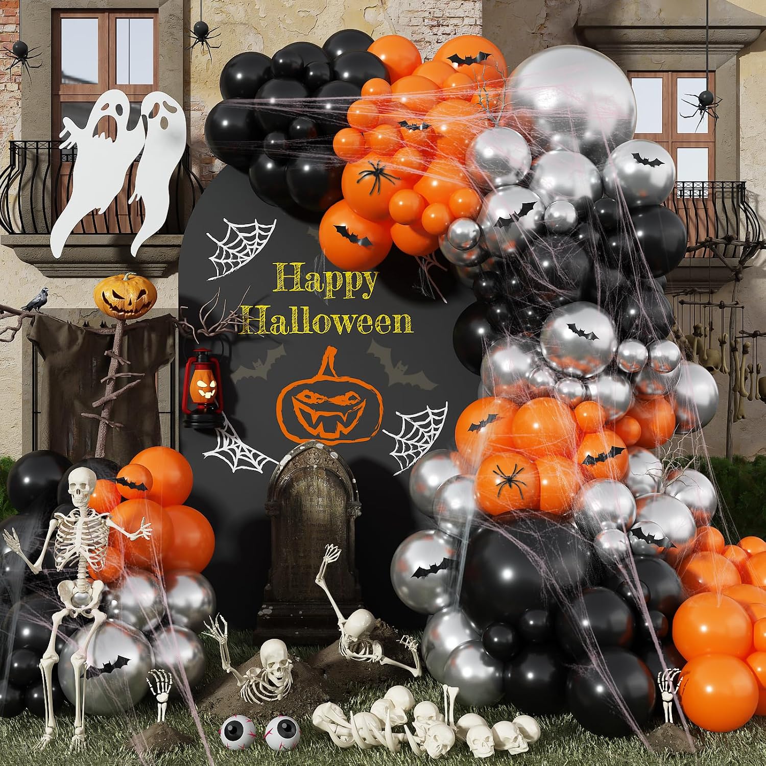 Balloon Arch Kit - ハロウィンバルーンアーチキット ブラックオレンジ 3Dコウモリステッカーとスパイダーウェブ付き