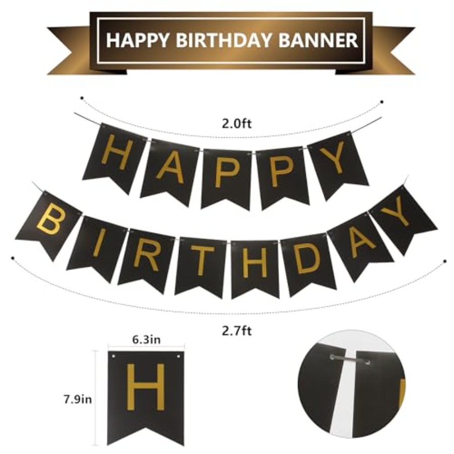 黒と金のストライプのバナーと三角旗セット |   誕生日パー - Party Banner Gold のレビューと価格